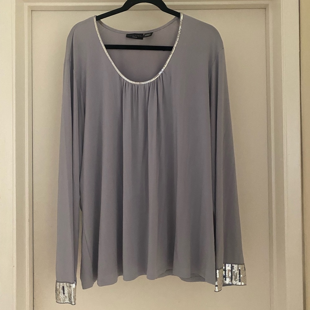 Apostrophe Light Blue Bedazzled Long Sleeves Top with a Scoop Neckline
